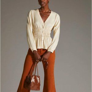 Anthropologie Smocked Satin Blouse Top Large MSRP Large $98 NWT